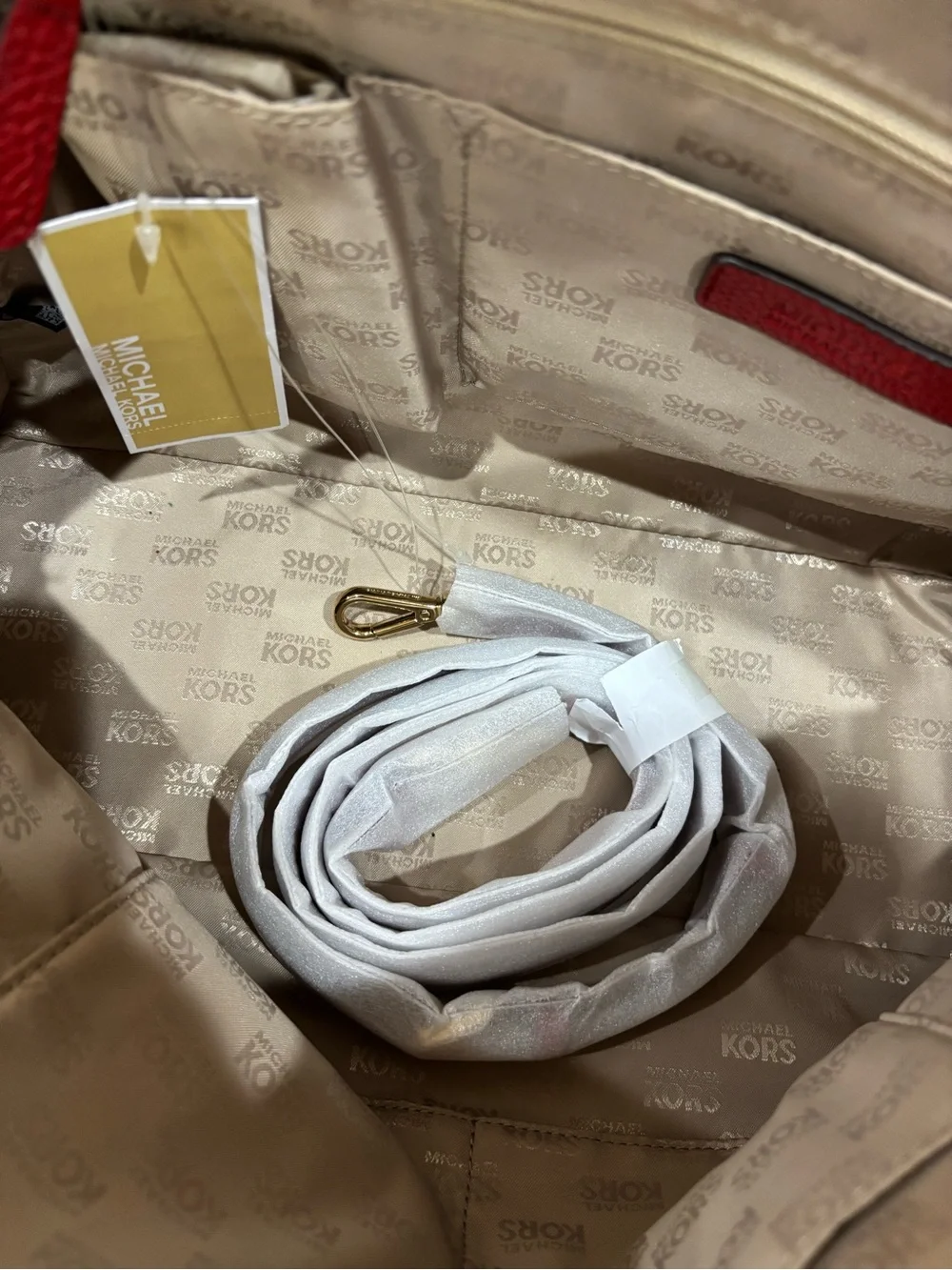 NWT Michael Kors Red Sandrine Pebbled Leather Satchel Handbag with Tassel $398